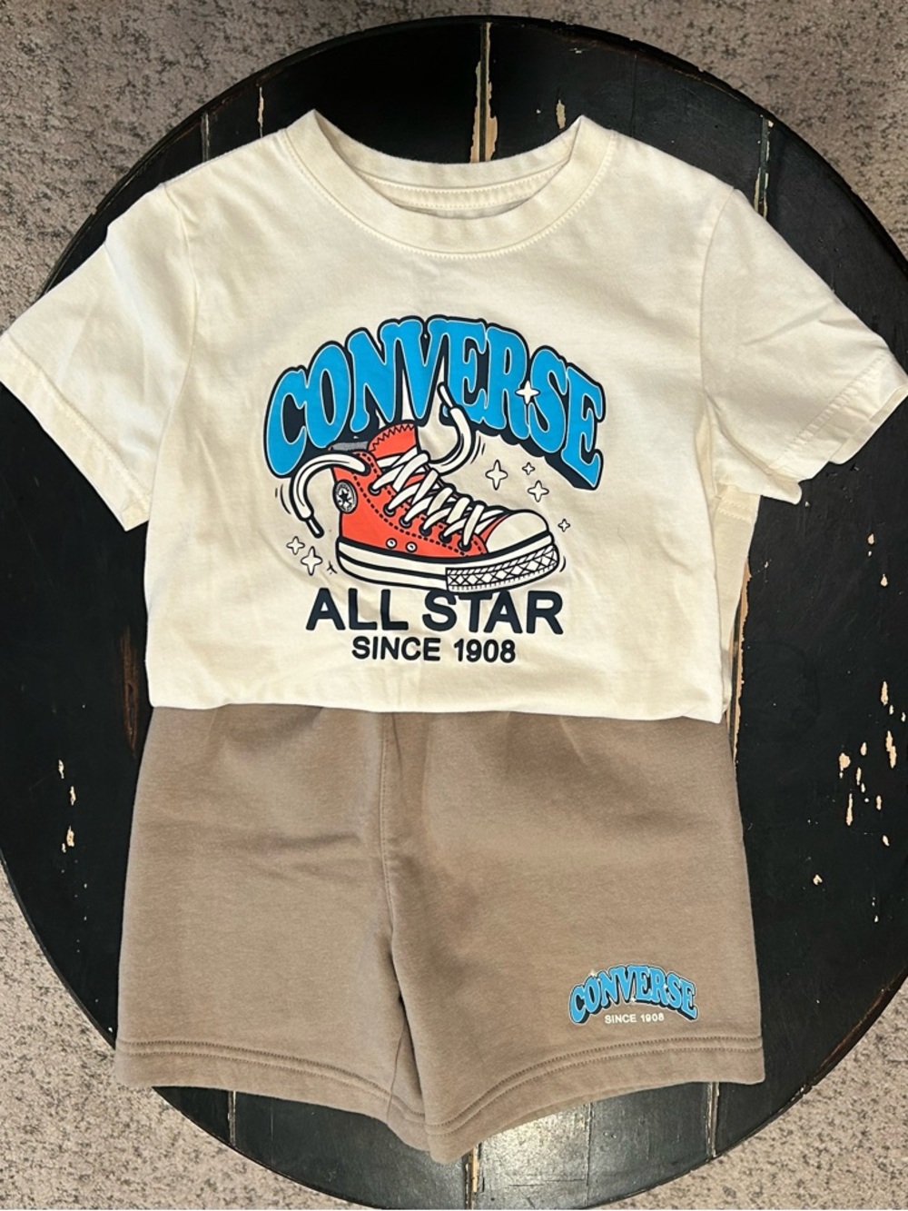 Converse Cream Tee with Blue Logo and Red Sneaker Graphic Boys Size 7